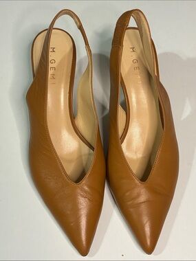 M. Gemi Cognac Leather Pointed Slingback Heels